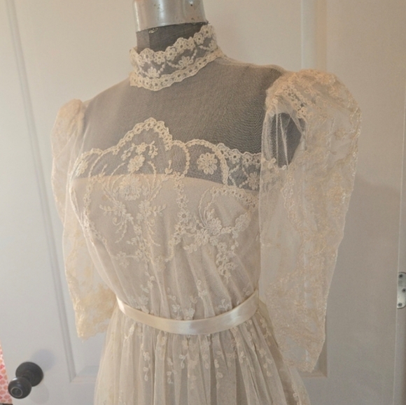Vintage 1980s ILGWU Champagne Floral Lace High Neck Sheer Dress, SIZE S - Picture 5 of 16